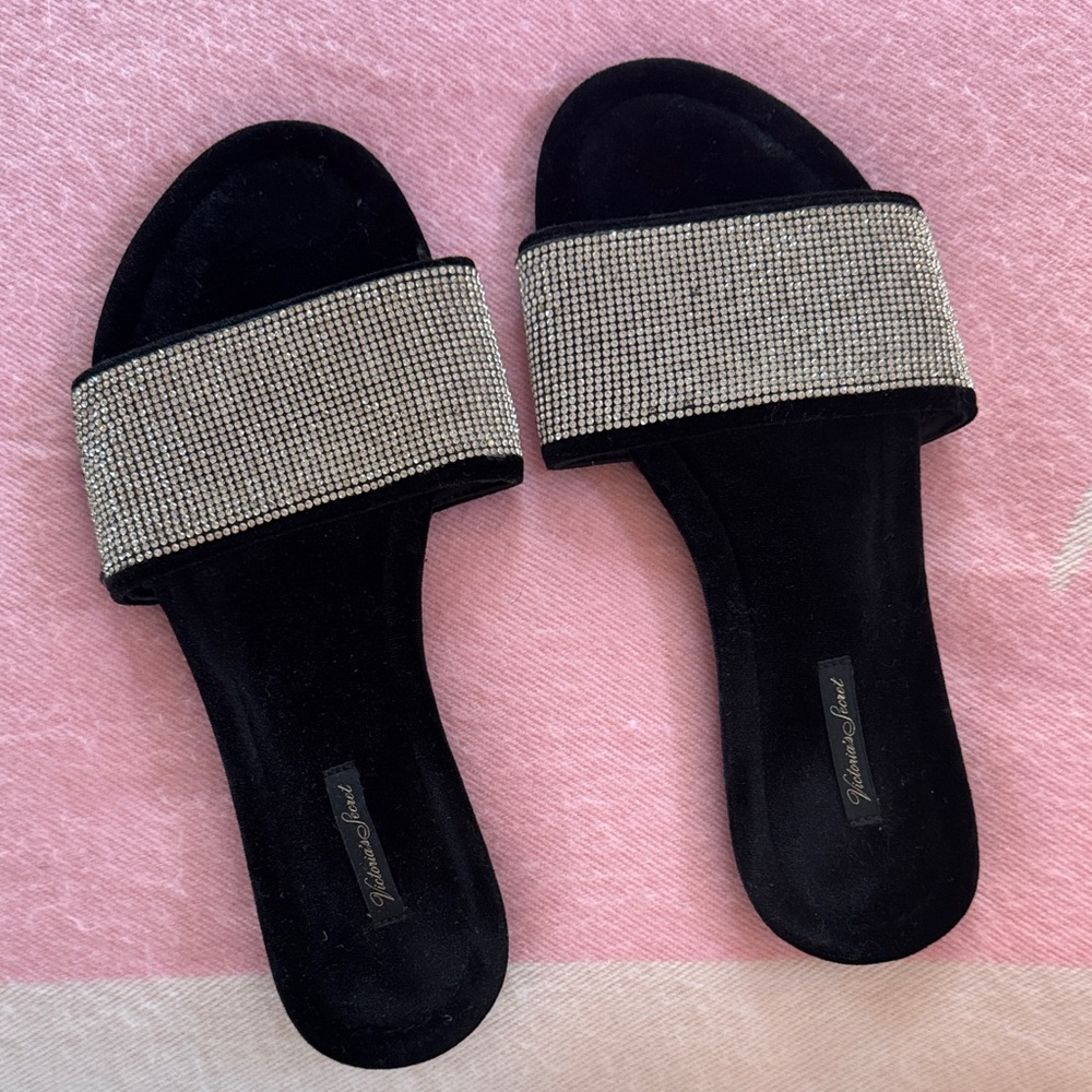 Victoria Secret Elegant Black and Silver Diamond Women's Slide Sandals